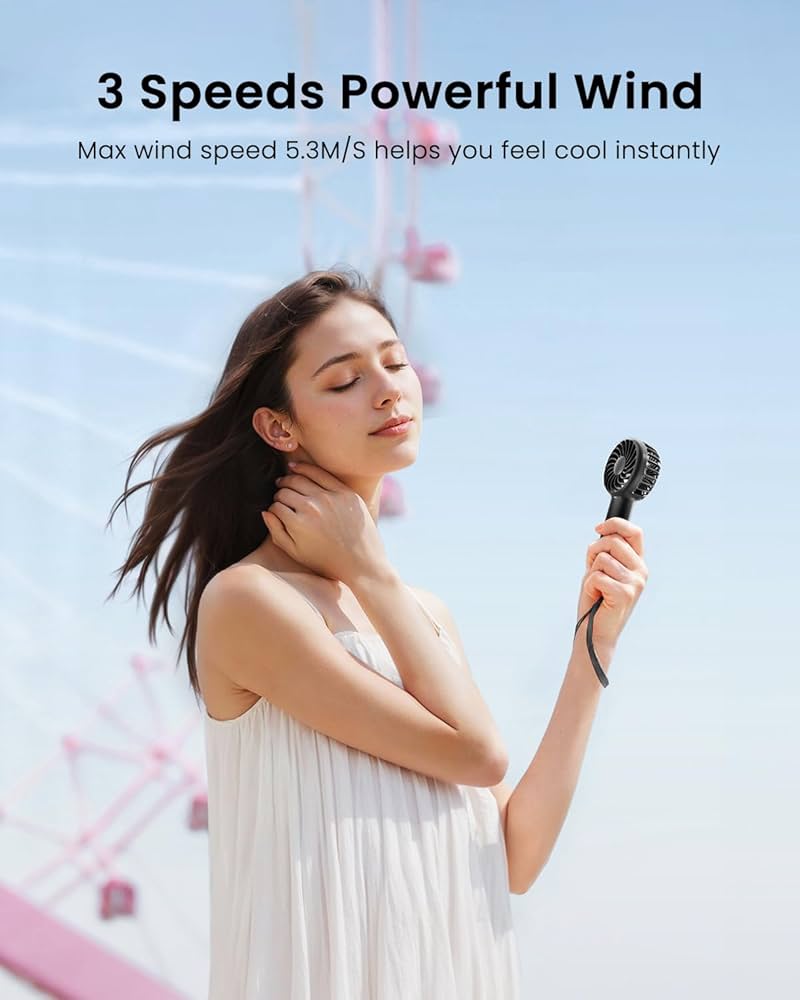 Mini Portable Fan, Powerful Hand Fan Cute Design 3 Speed Personal Small Desk Fan with Base, Lightweight Rechargeable USB Handheld Fan for Girl, Women, Men, Indoor, Outdoor